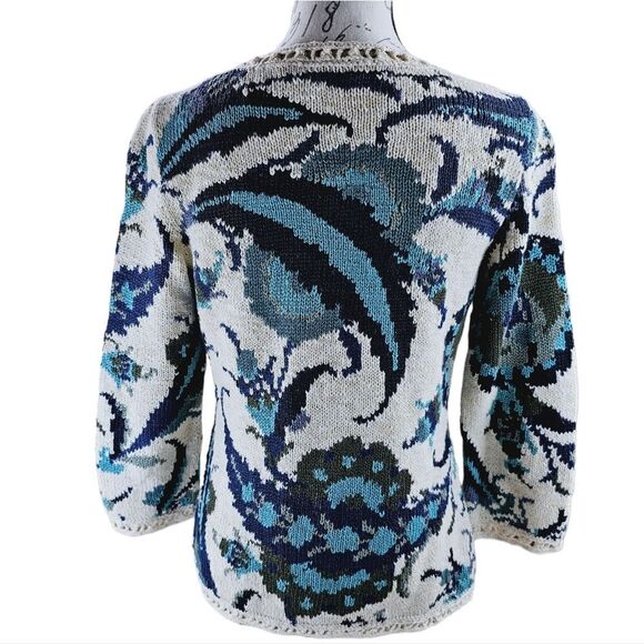 RARE Peruvian Connection Women's Floral Printed Cardigan Cream Teal Size XS - Picture 3 of 9